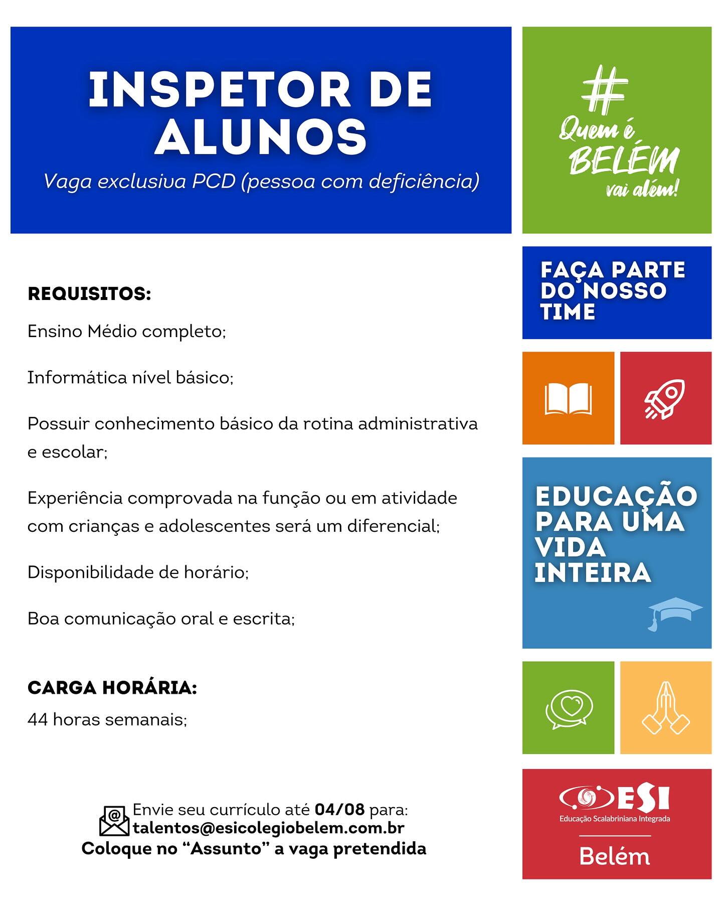 Se você é apaixonado por educação, proativo e adora encarar desafios em um ambiente acolhedor e dinâmico, esta pode ser a oportunidade ideal para você! Não perca tempo, candidate-se agora mesmo e integre nossa equipe. Envie seu currículo para talentos@esicolegiobelem.com.br, indicando no campo “Assunto”, a área de interesse. Junte-se a nós e vá além!