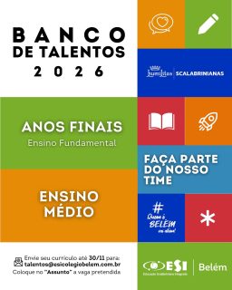 Se você é apaixonado por educação, proativo e adora encarar desafios em um ambiente acolhedor e dinâmico, esta pode ser a oportunidade ideal para você! Não perca tempo, candidate-se agora mesmo e integre nossa equipe. Envie seu currículo para talentos@esicolegiobelem.com.br, indicando no campo “Assunto”, a área de interesse. Junte-se a nós e vá além!