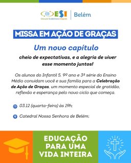 Queridas Famílias! 🎓💙

Uma nova fase se inicia, e este é um momento especial para celebrarmos conquistas, aprendizados e novos caminhos.
Será uma alegria viver este momento de gratidão e despedida juntos, marcando o encerramento desta etapa tão importante! 🙏🏻