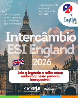 ✨ ESI England: viva Londres do jeito que você sempre sonhou! 🇬🇧✈️

O intercâmbio ESI England leva você para Londres, com curso de inglês na Universidade de Greenwich, com certificado, em um ambiente multicultural, ao lado de estudantes do mundo todo.

Tudo isso com infraestrutura confortável e segura, acompanhamento de profissionais da Rede ESI e monitores da NR Intercâmbio, empresa com reconhecida experiência internacional. A Rede ESI foi convidada por seus parceiros em Cambridge para levar os intercambistas para conhecer a universidade e vivenciar o campus.

Não perca a oportunidade de viver uma experiência inesquecível e ampliar seus horizontes! 🌍✨