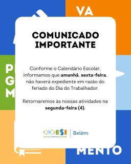 Retornamos com nossas atividades na segunda-feira (4).
Aproveitem o descanso! 💛