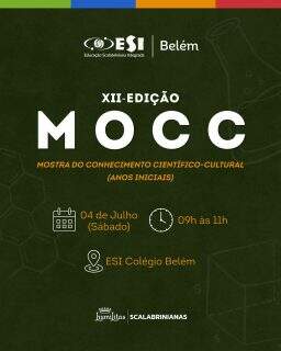 ✨ A ciência, a criatividade e o conhecimento têm um encontro marcado! ✨
Neste sábado, 04/07, o ESI Colégio Belém realiza a MOCC, um momento especial em que nossos alunos apresentam projetos que refletem pesquisa, dedicação e aprendizagem.
Cada trabalho é resultado de um processo de descobertas, colaboração e desenvolvimento de habilidades que vão muito além da sala de aula.
Venha prestigiar nossos alunos e conhecer de perto tudo o que eles prepararam. Esperamos por você! 💙
