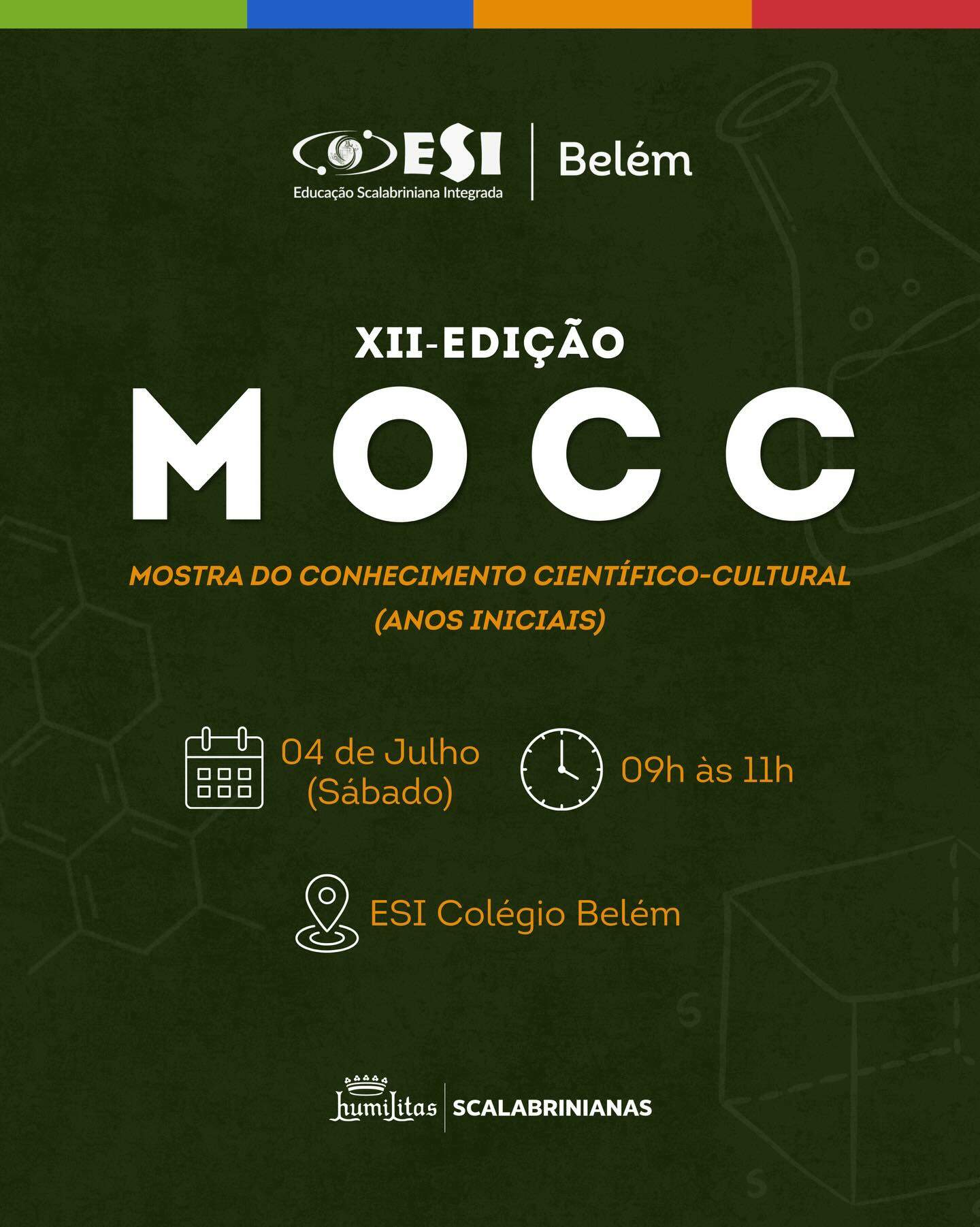✨ A ciência, a criatividade e o conhecimento têm um encontro marcado! ✨
Neste sábado, 04/07, o ESI Colégio Belém realiza a MOCC, um momento especial em que nossos alunos apresentam projetos que refletem pesquisa, dedicação e aprendizagem.
Cada trabalho é resultado de um processo de descobertas, colaboração e desenvolvimento de habilidades que vão muito além da sala de aula.
Venha prestigiar nossos alunos e conhecer de perto tudo o que eles prepararam. Esperamos por você! 💙