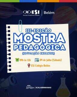 ✨Vem aí a Mostra Pedagógica do ESI Colégio Belém!✨
Neste sábado, 04/07, nossa comunidade escolar estará reunida para um momento especial de aprendizado, criatividade e compartilhamento de experiências.
A Mostra Pedagógica é a oportunidade de conhecer de perto os projetos desenvolvidos pelas nossas crianças, valorizando o protagonismo, a dedicação e o conhecimento construído ao longo do percurso escolar.
Esperamos por você para celebrar a educação e prestigiar o talento das nossas crianças! 💙📚