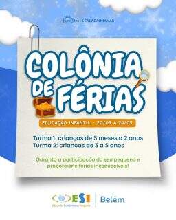 🎉 As férias ficam ainda mais divertidas no ESI Colégio Belém! 💙
De 20 a 24 de Julho, preparamos uma programação especial, com muitas brincadeiras, criatividade, movimento e momentos inesquecíveis para as crianças.
Aqui, cada dia é uma nova aventura, com diversão, aprendizado e muitas amizades! 💛
📅 20 a 24 de julho
Garanta a participação e venha viver férias cheias de alegria no ESI Colégio Belém!