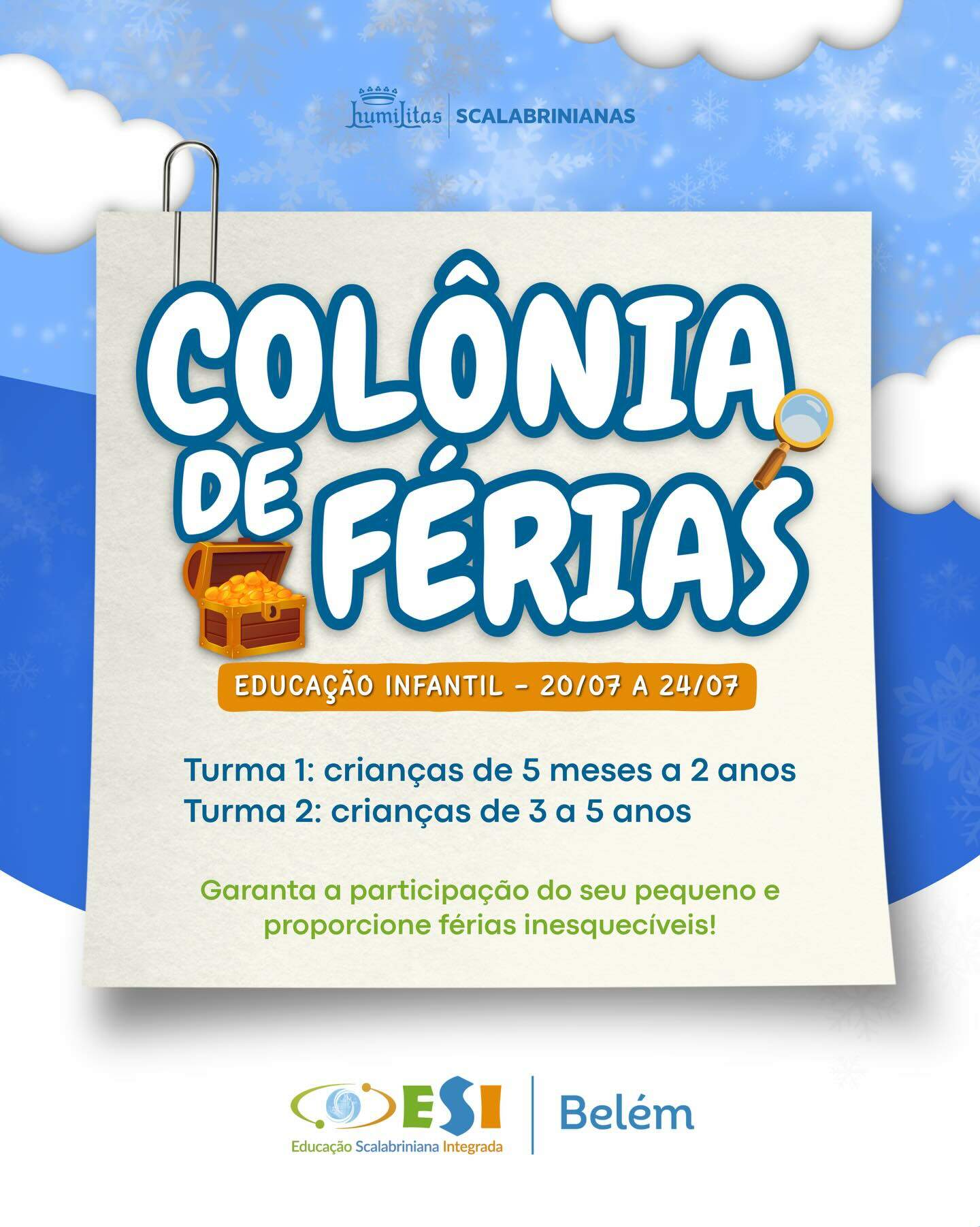🎉 As férias ficam ainda mais divertidas no ESI Colégio Belém! 💙
De 20 a 24 de Julho, preparamos uma programação especial, com muitas brincadeiras, criatividade, movimento e momentos inesquecíveis para as crianças.
Aqui, cada dia é uma nova aventura, com diversão, aprendizado e muitas amizades! 💛
📅 20 a 24 de julho
Garanta a participação e venha viver férias cheias de alegria no ESI Colégio Belém!