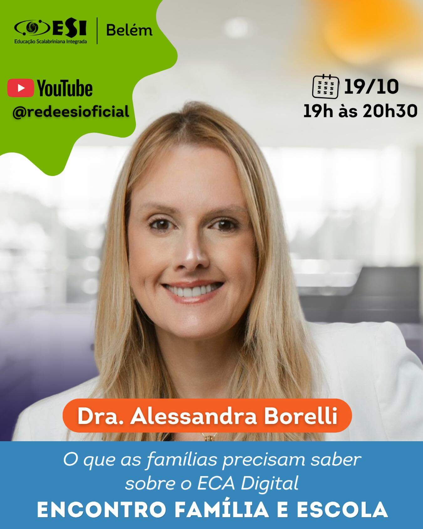 📱 Como proteger crianças e adolescentes no ambiente digital?

No dia 19 de outubro, às 19h, temos um encontro marcado para refletir sobre os desafios e as mudanças necessárias para garantir mais segurança e proteção às crianças e aos adolescentes no mundo digital.

A Dra. Alessandra Borelli, especialista em governança digital para escolas, estará conosco para esclarecer os principais aspectos do ECA Digital e compartilhar orientações importantes sobre os cuidados que as famílias precisam ter para promover uma relação mais segura, consciente e responsável com a tecnologia.

📺 A palestra será transmitida ao vivo pelo canal oficial da REDE ESI no YouTube.

Esperamos você e sua família para esse momento de aprendizado, diálogo e conscientização! 💙